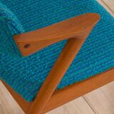 Pair of 42 Kai Kristiansen teak chairs in original blue bouclé upholstery, Denmark, 60s.