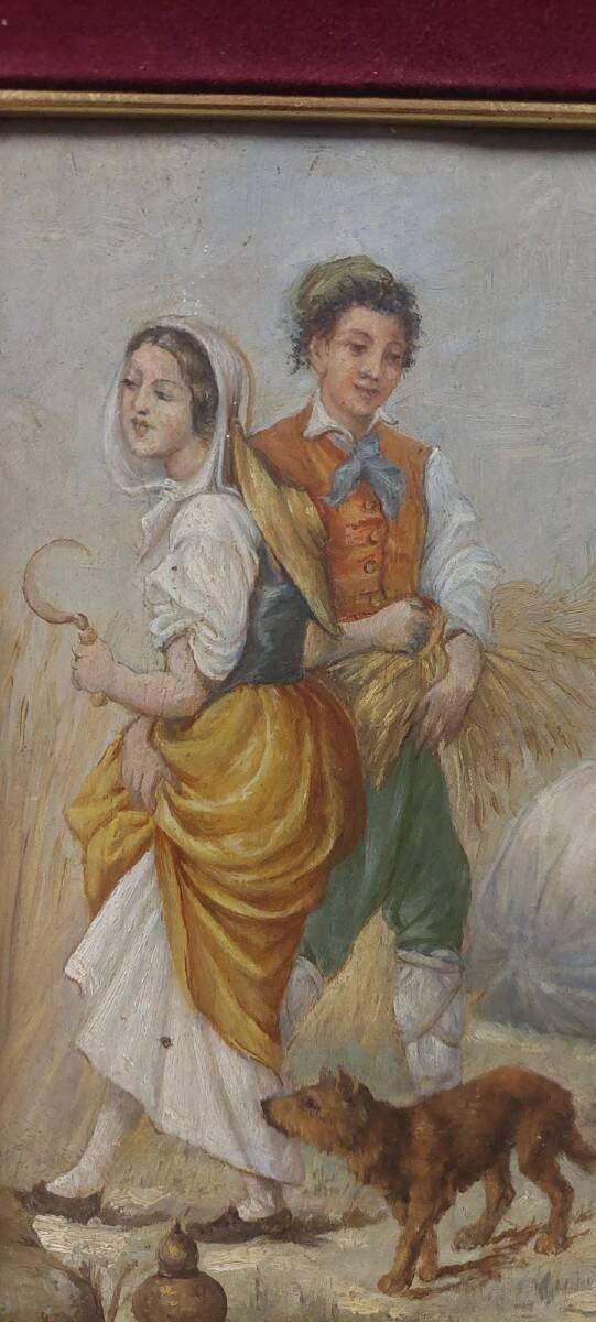 Antique 19th century wood panel, signed oil painting, popular scene