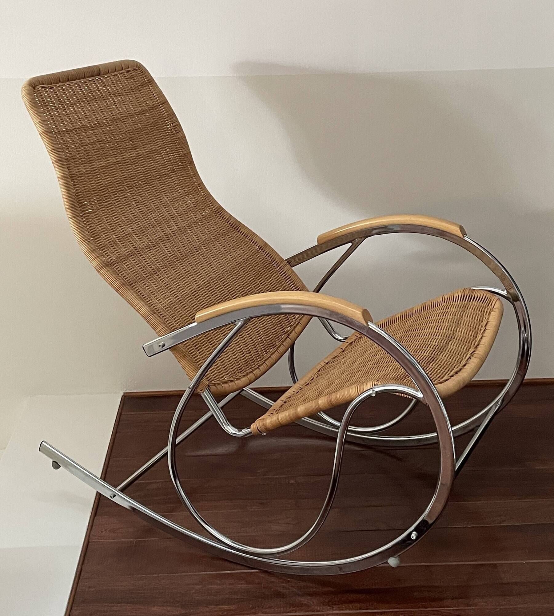 Bauhaus style rocking chair, chrome metal, rattan and beech wood, 1960-70