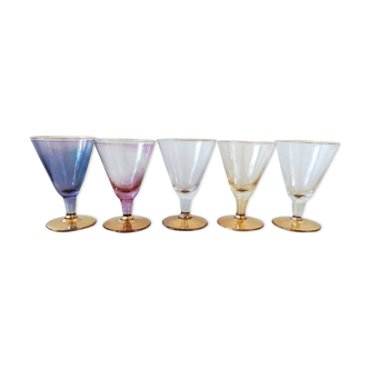 Series of 5 small glasses with golden foot