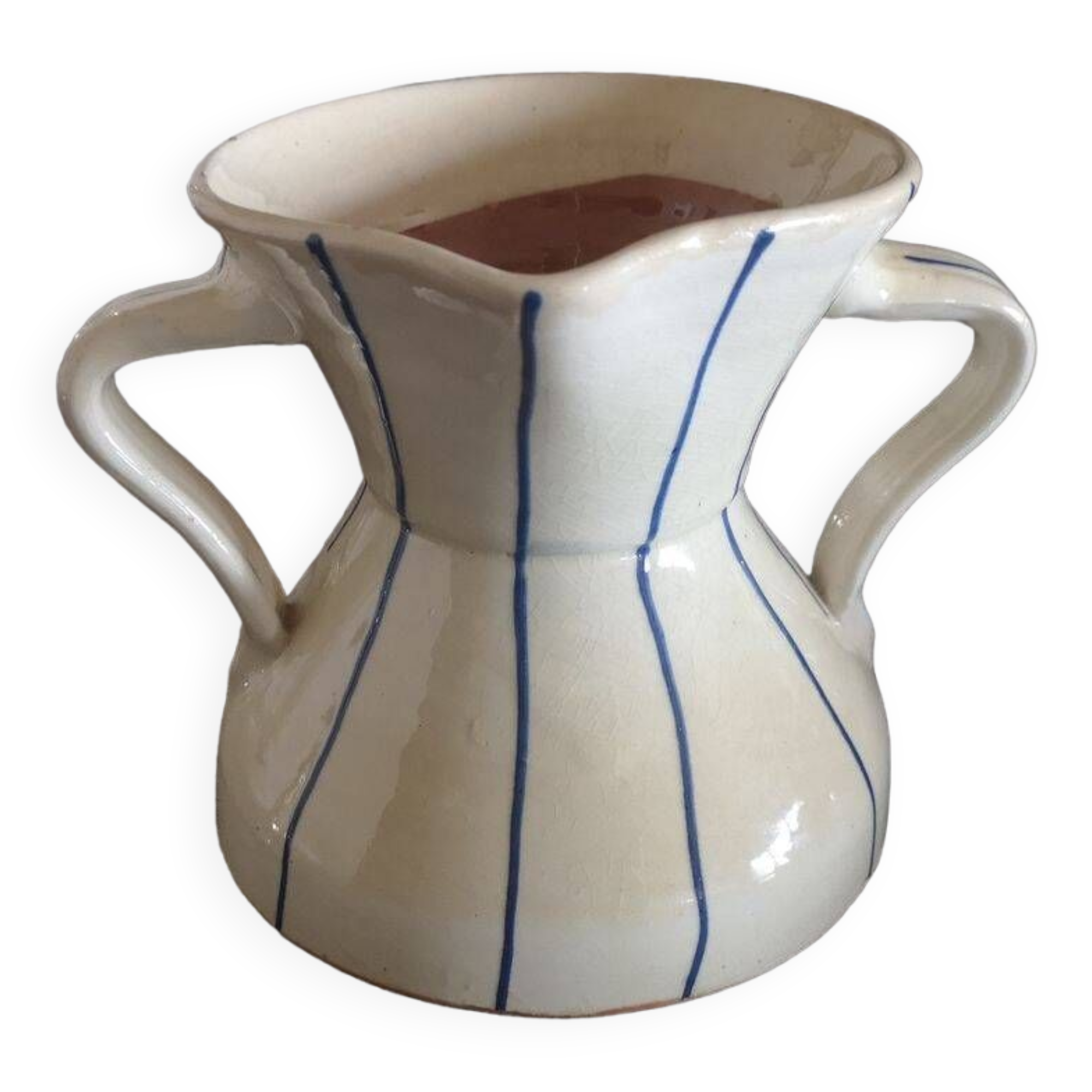 Enamelled terracotta vase pitcher with double handles - 1950s/1960s