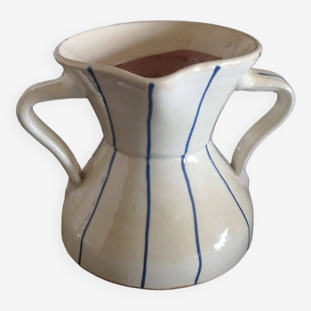 Enamelled terracotta vase pitcher with double handles - 1950s/1960s