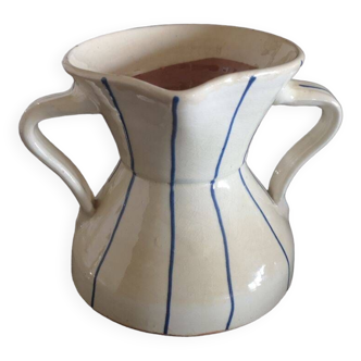Enamelled terracotta vase pitcher with double handles - 1950s/1960s