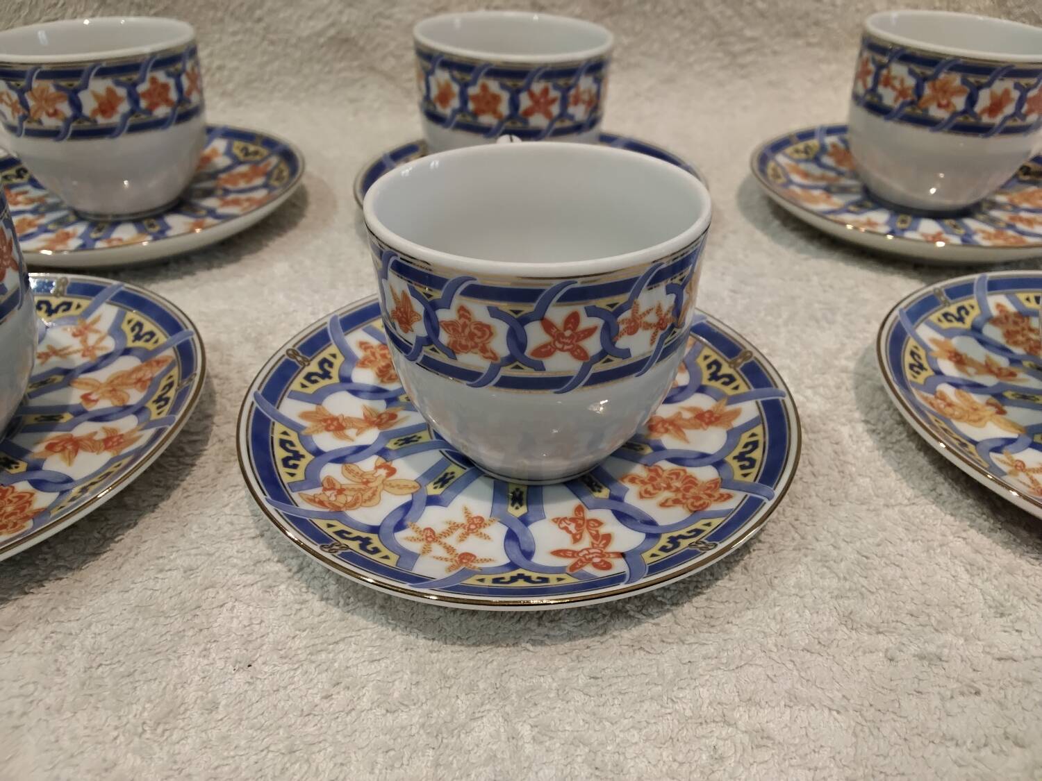 6 cups and 6 saucers, Christofle porcelain, Oceana Ginkgo blue pattern