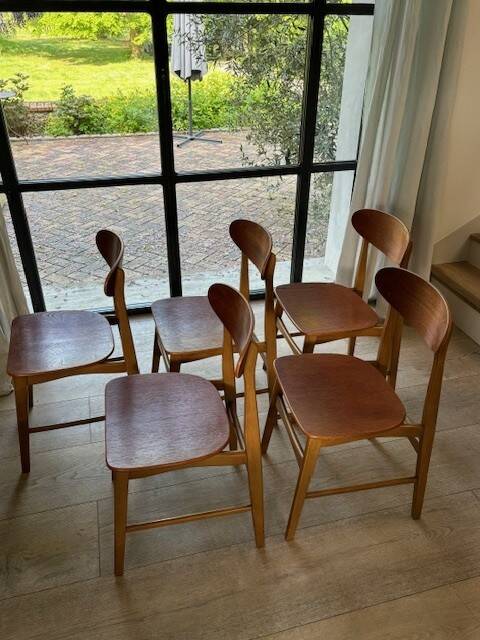 5 beech and teak chairs - Denmark 50s/60s