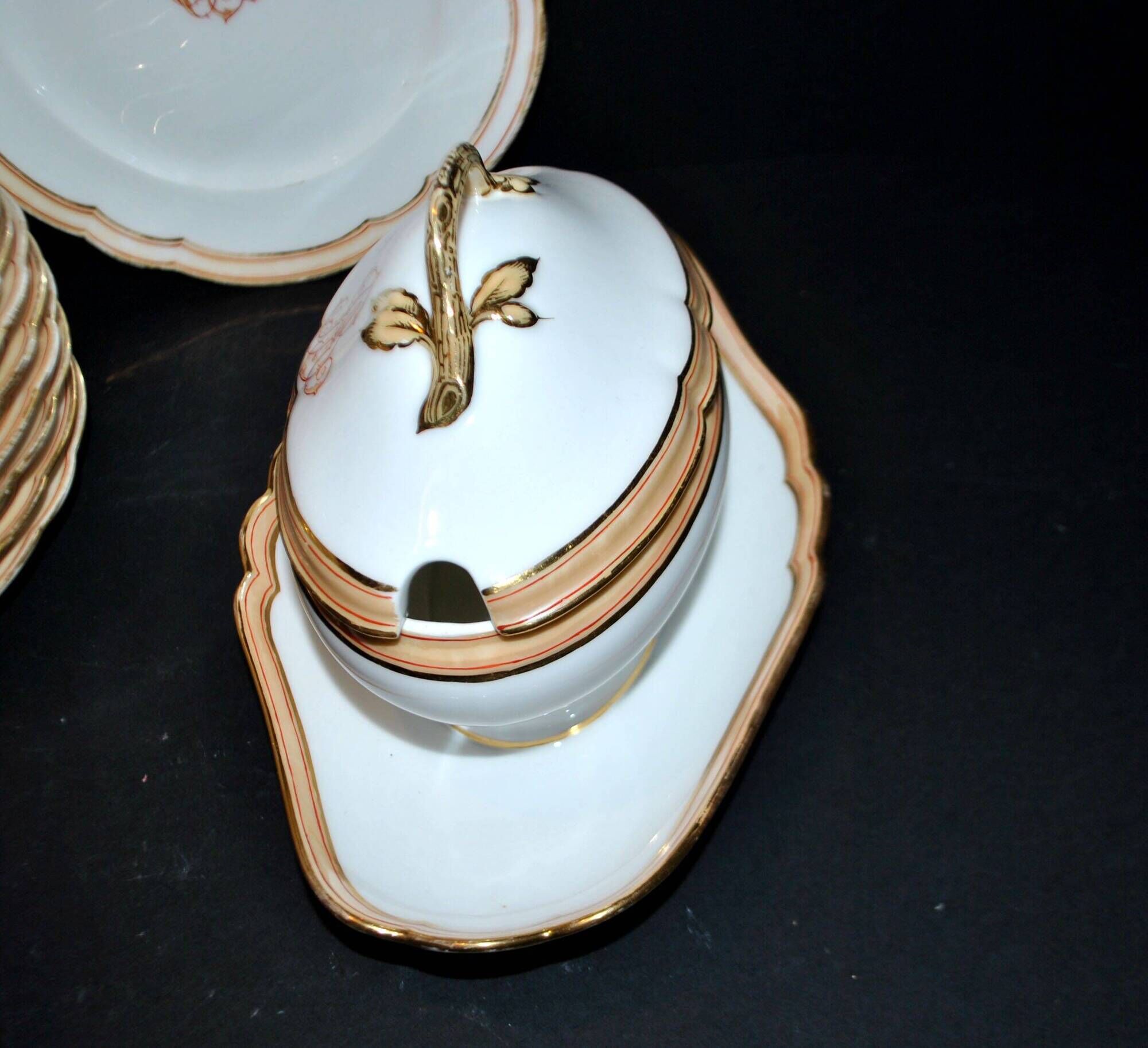 Paris porcelain set of 12 plates, dish and sauce boat, antique tableware with monogram BA.
