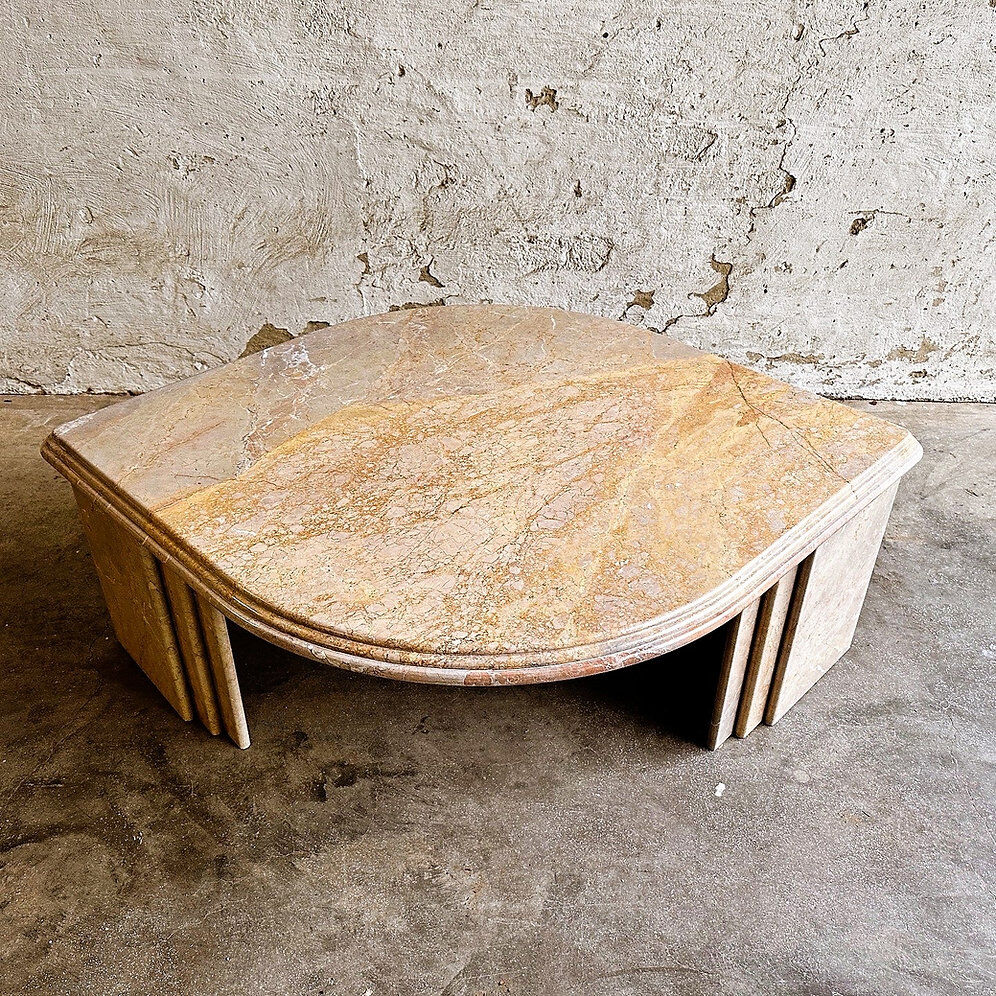 Vintage sandy coloured eye-shaped marble coffee table, France 1980s