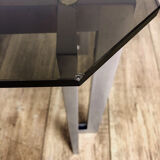 Brushed stainless steel design side table and 70s smoked glass