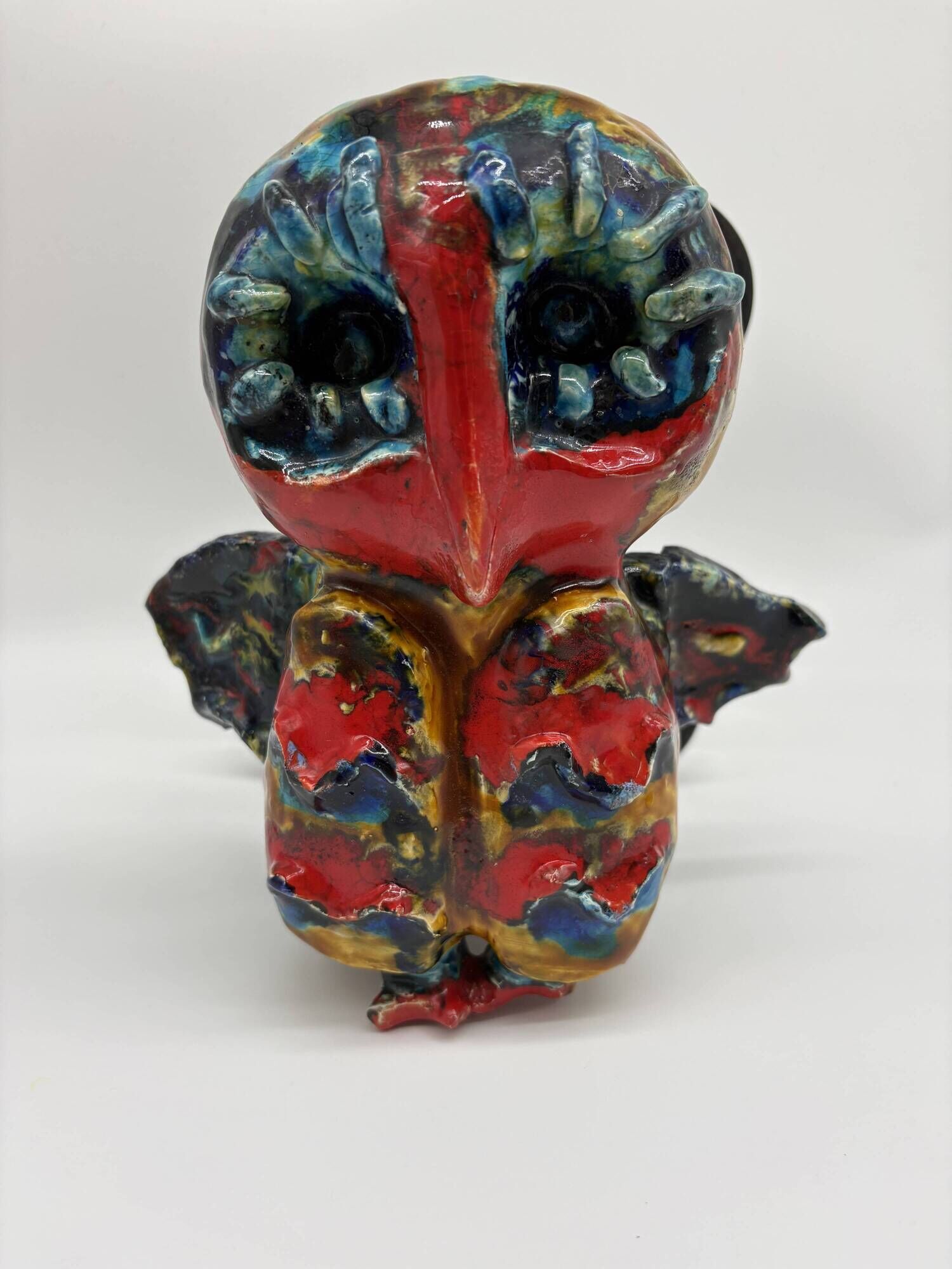 Owl Sculpture in Glazed Ceramic Dated 1991 on Wrought Iron Base