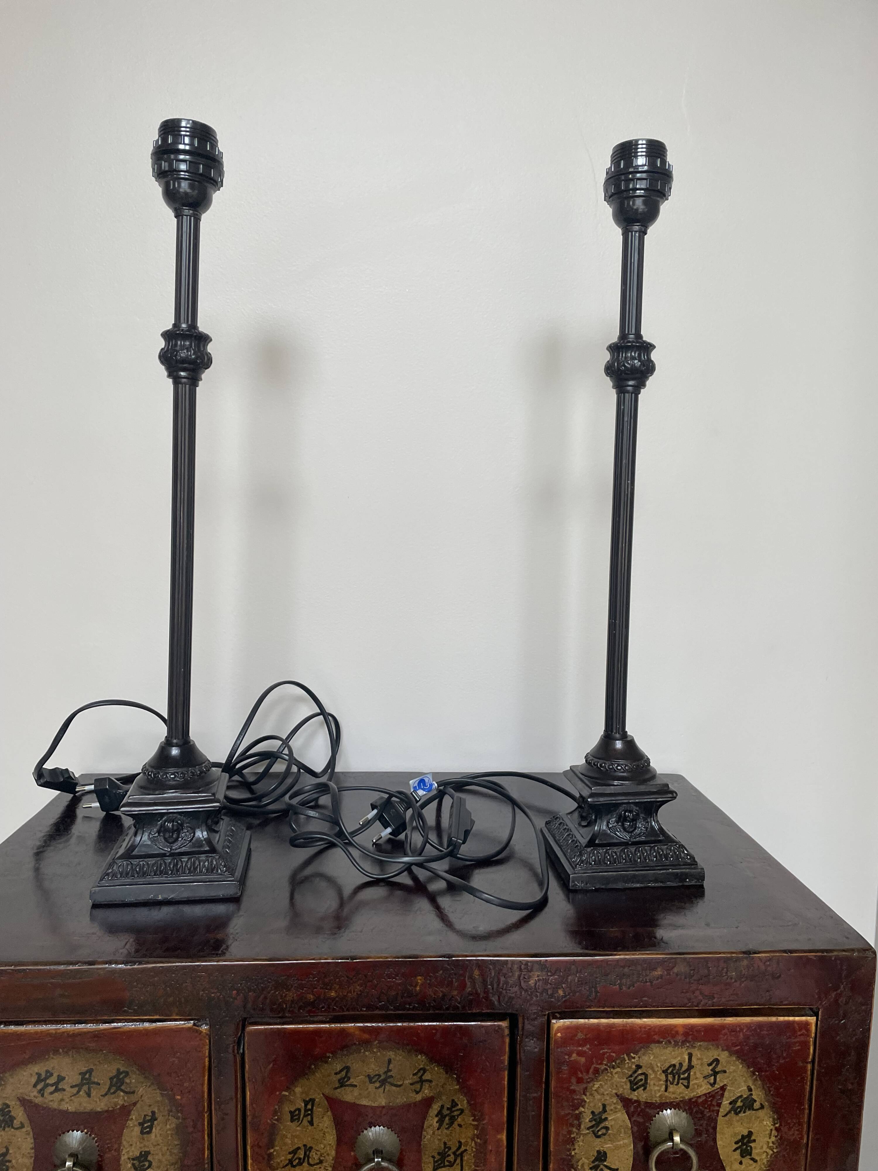 Pair of metal table lamps and shabby chic lampshade