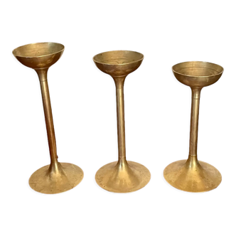 Suite of 3 vintage brass candle holders