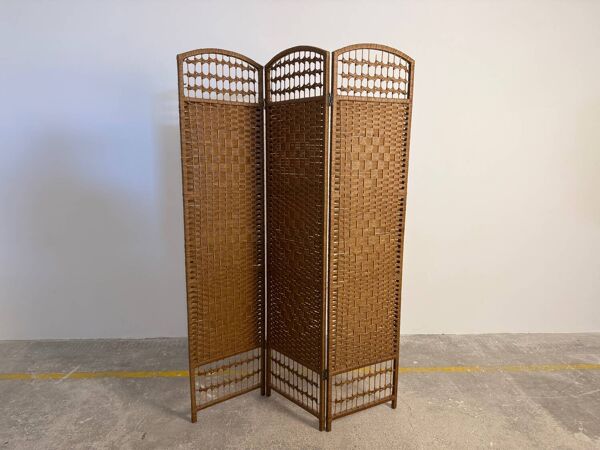 Paravent vintage en rotin et osier tressé – 3 panneaux – années 1970