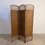 Vintage rattan and woven wicker screen – 3 panels – 1970s