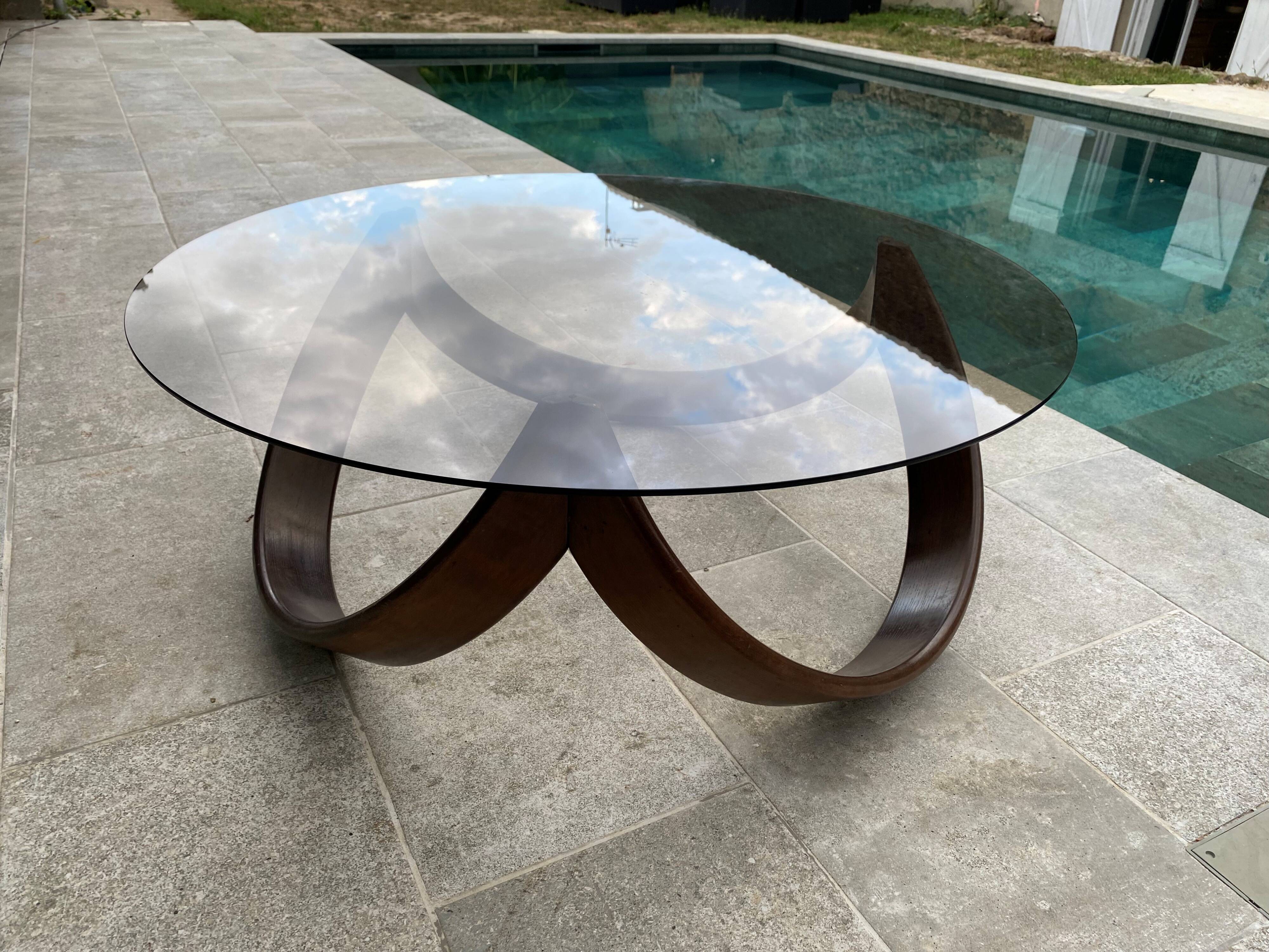 Vintage 1970s organic wood glass round coffee table
