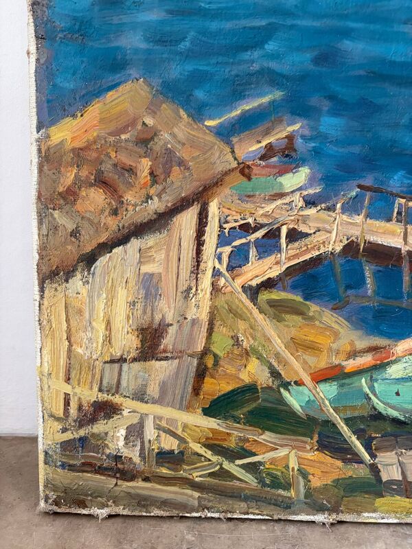 Huile sur toile  ''Bateaux à rames sur le ponton