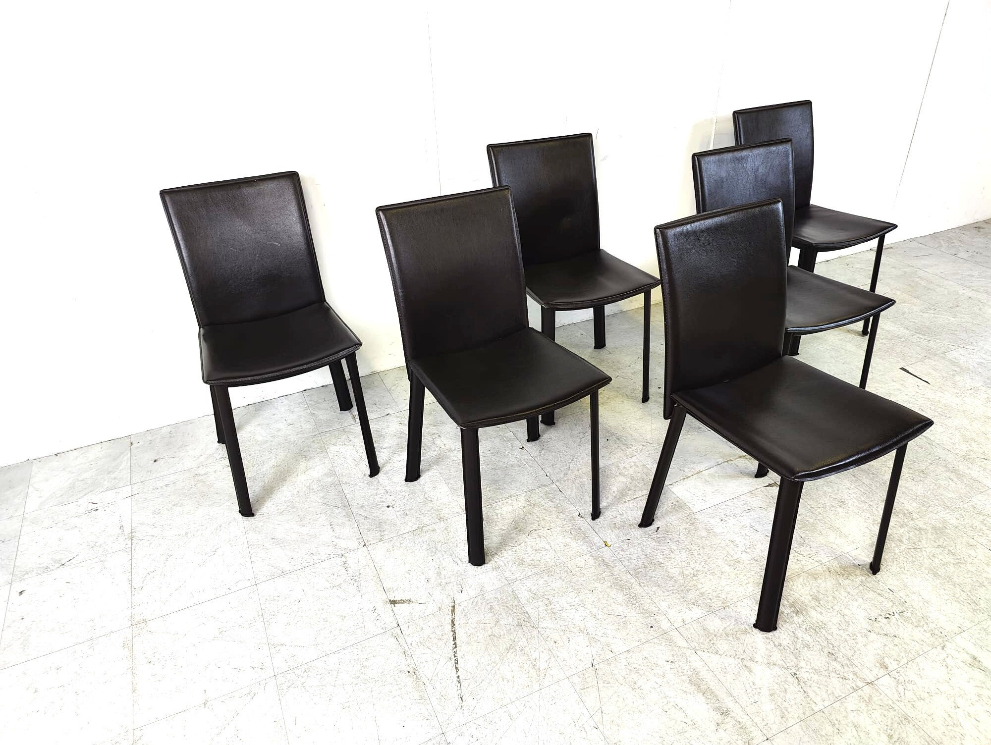 Dark brown leather dining chairs, set of 6 - 1980s