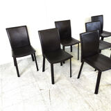 Dark brown leather dining chairs, set of 6 - 1980s