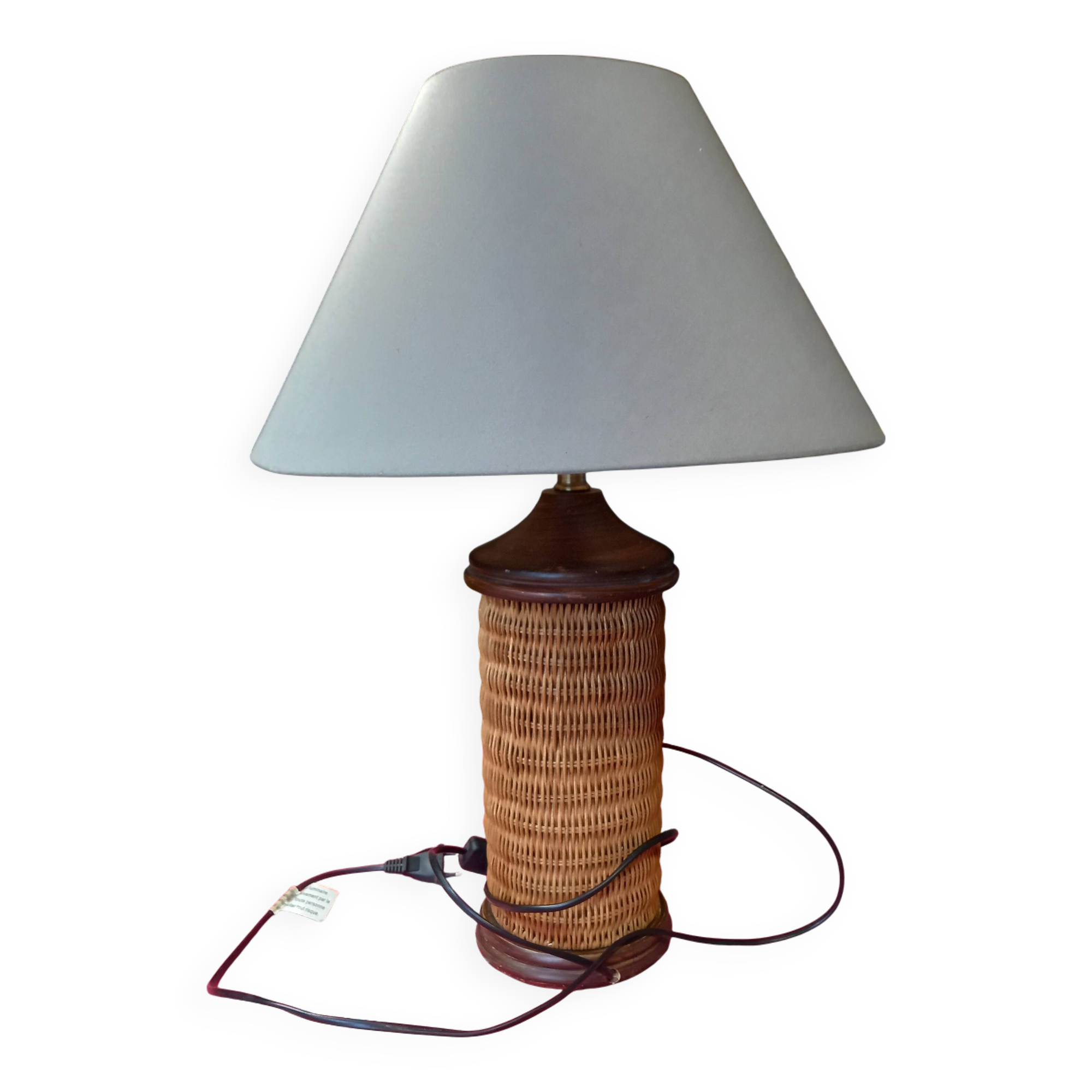 Pretty wicker and wood lamp with gray shade