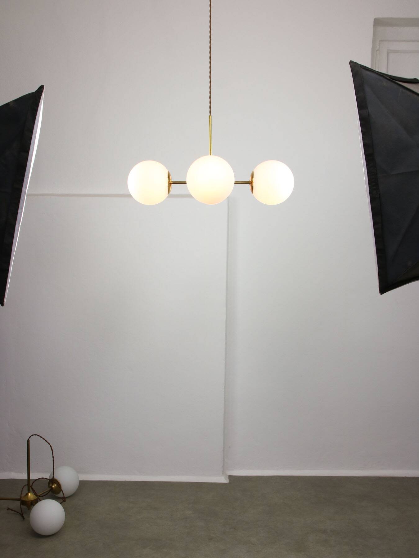 Italian Mid Century Golden Sputnik Chandelier with Opaline Shades, 1960s