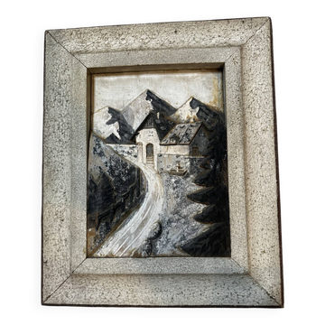 Tableau alpin en bois sculpté et peint