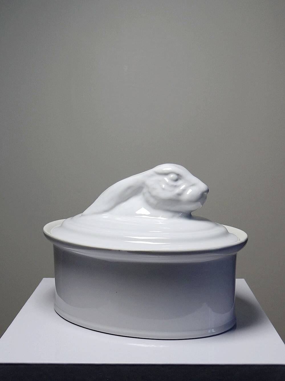 Large vintage white earthenware terrine with hare or rabbit head
