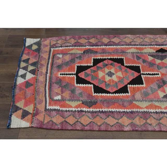 1970s Vintage Turkish Handmade Wool & Cotton Pink Runner Rug 101x318