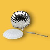 Vintage silver-plated metal and glass shell butter dish with knife