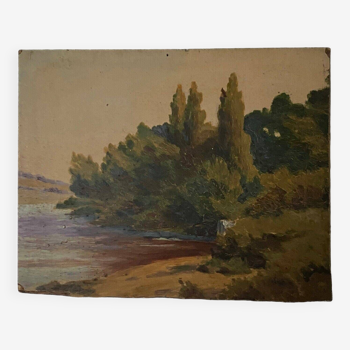 Oil on cardboard river landscape 1920
