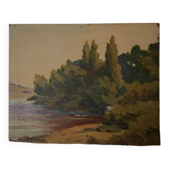 Huile sur carton paysage de rivière 1920