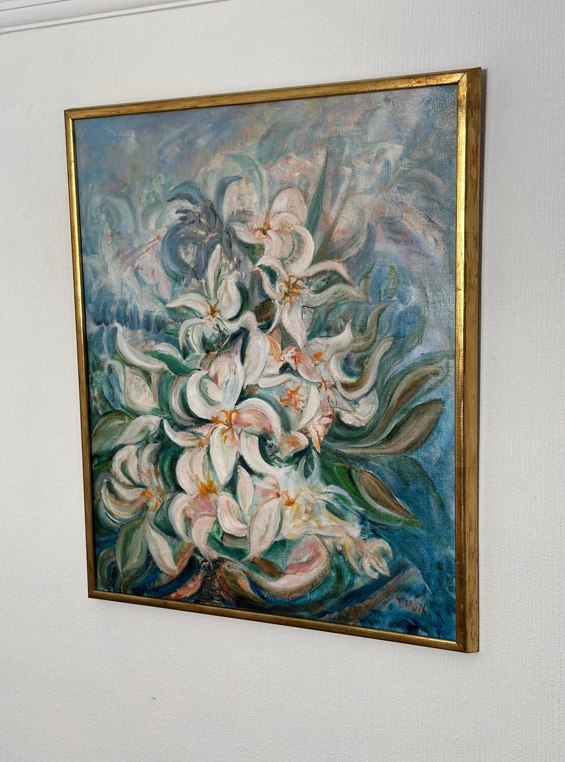 Mid Century Swedish Oil on Canvas – “White Lilies” by Torsten Hult