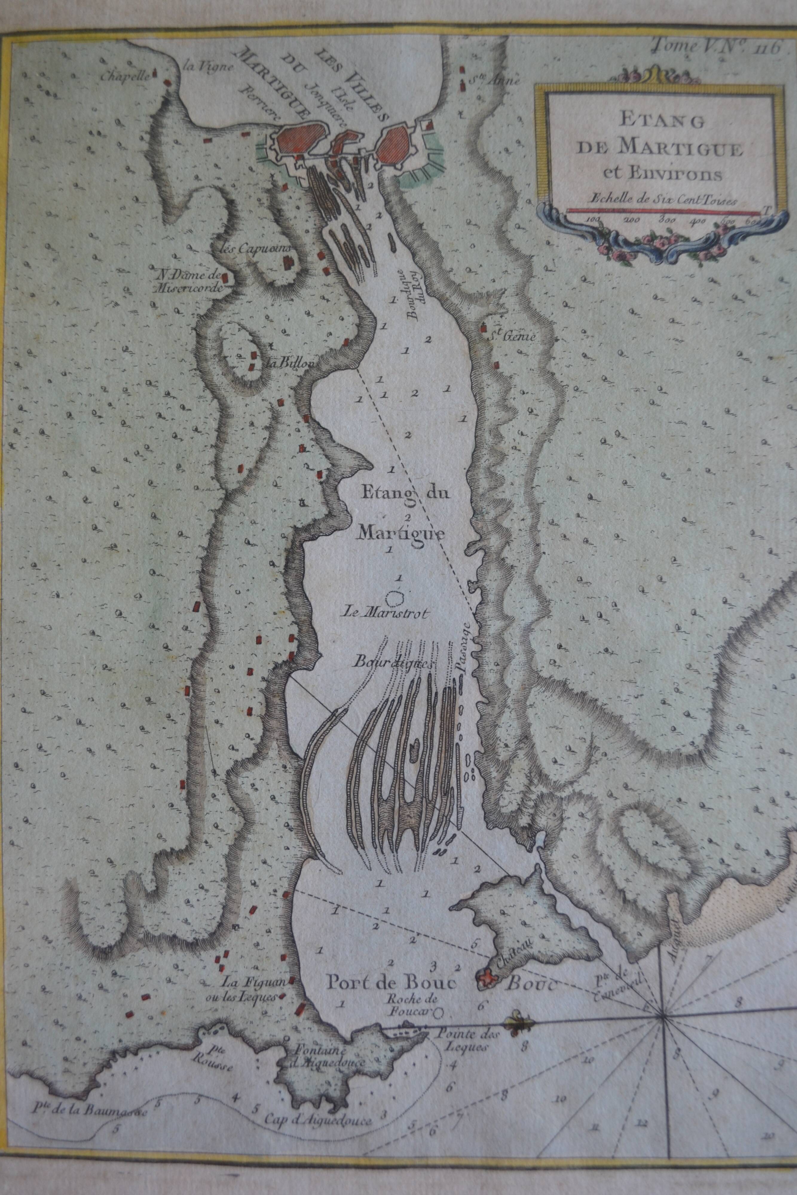 Martigues pond Old geographical map 18th century engraving 1764 by Bellin