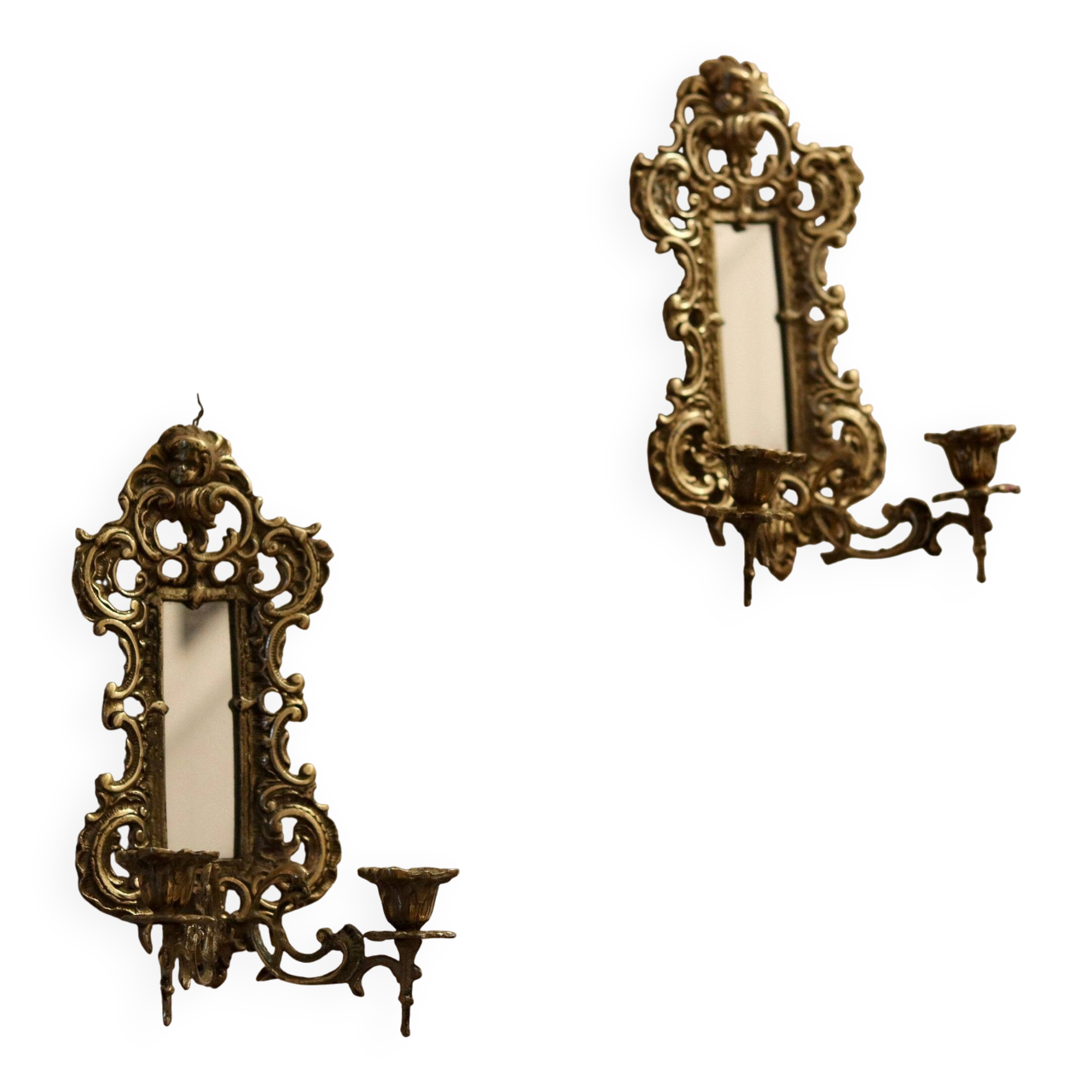 Pair of Antique Brass Wall Sconces with Mirror