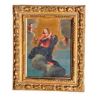 Oil on hammered copper depicting the Assumption of the Virgin, 17th century