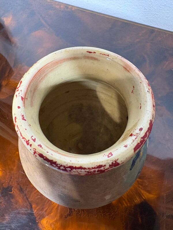 Petit pot à graisse, pot à foie gras, confit en terre cuite vernissée peint