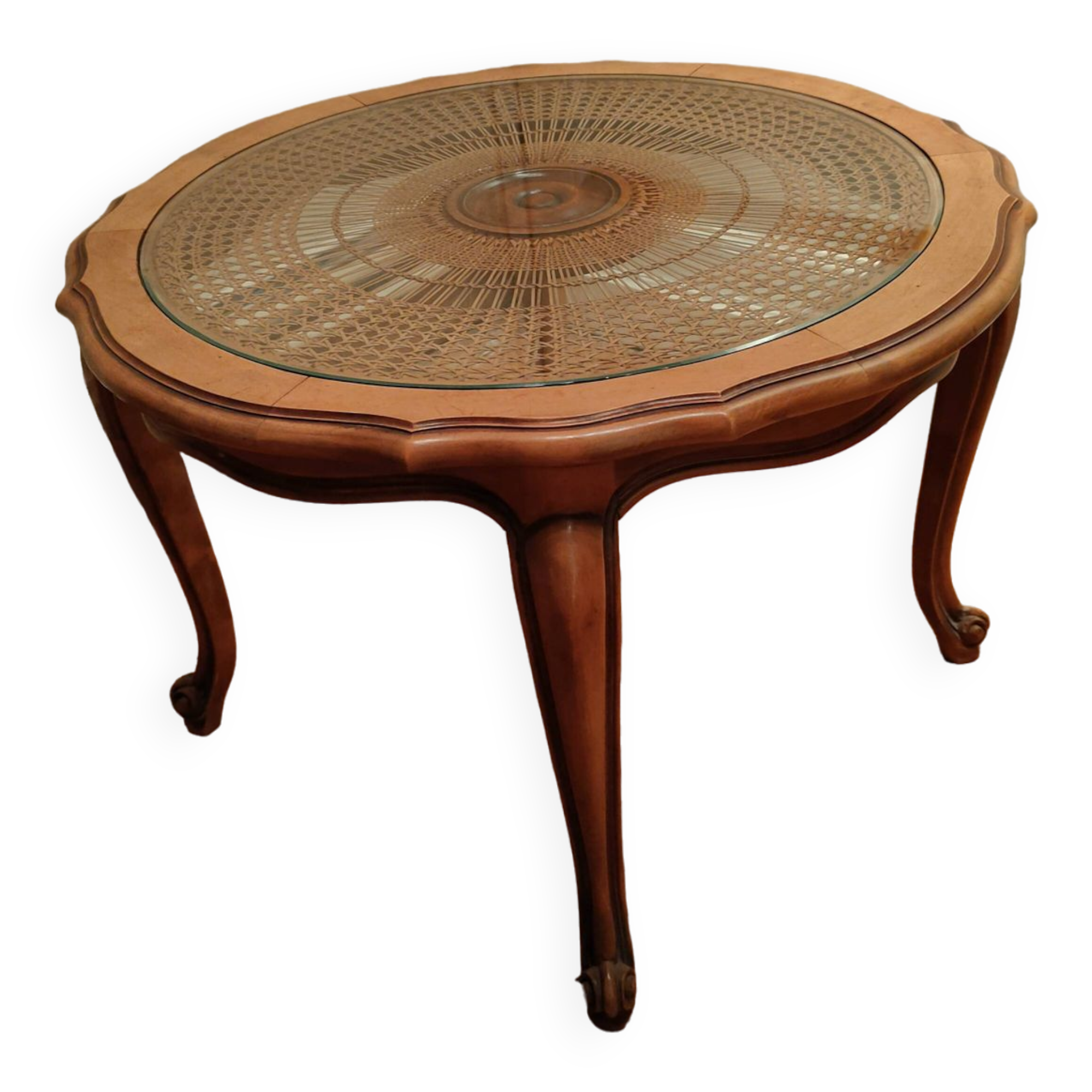 Table basse bois et cannage plateau verre