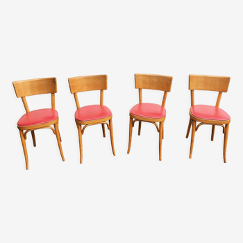Lot of 4 baumann chairs bistrot parisian barter beech wood and red skaï