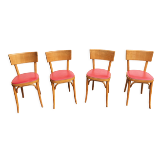 Lot of 4 baumann chairs bistrot parisian barter beech wood and red skaï