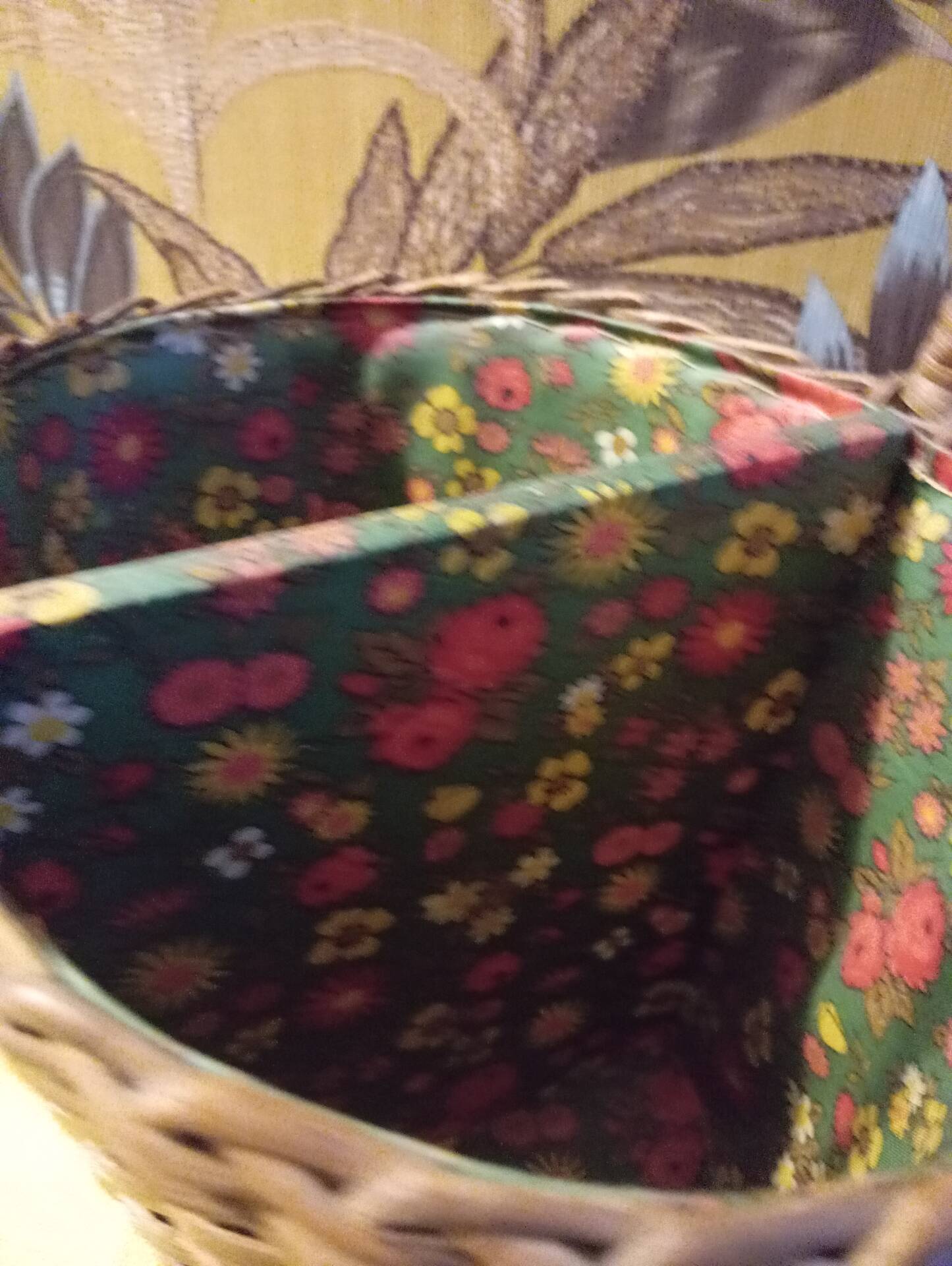 Woven wicker bottle basket. Flower Power. Very good condition.