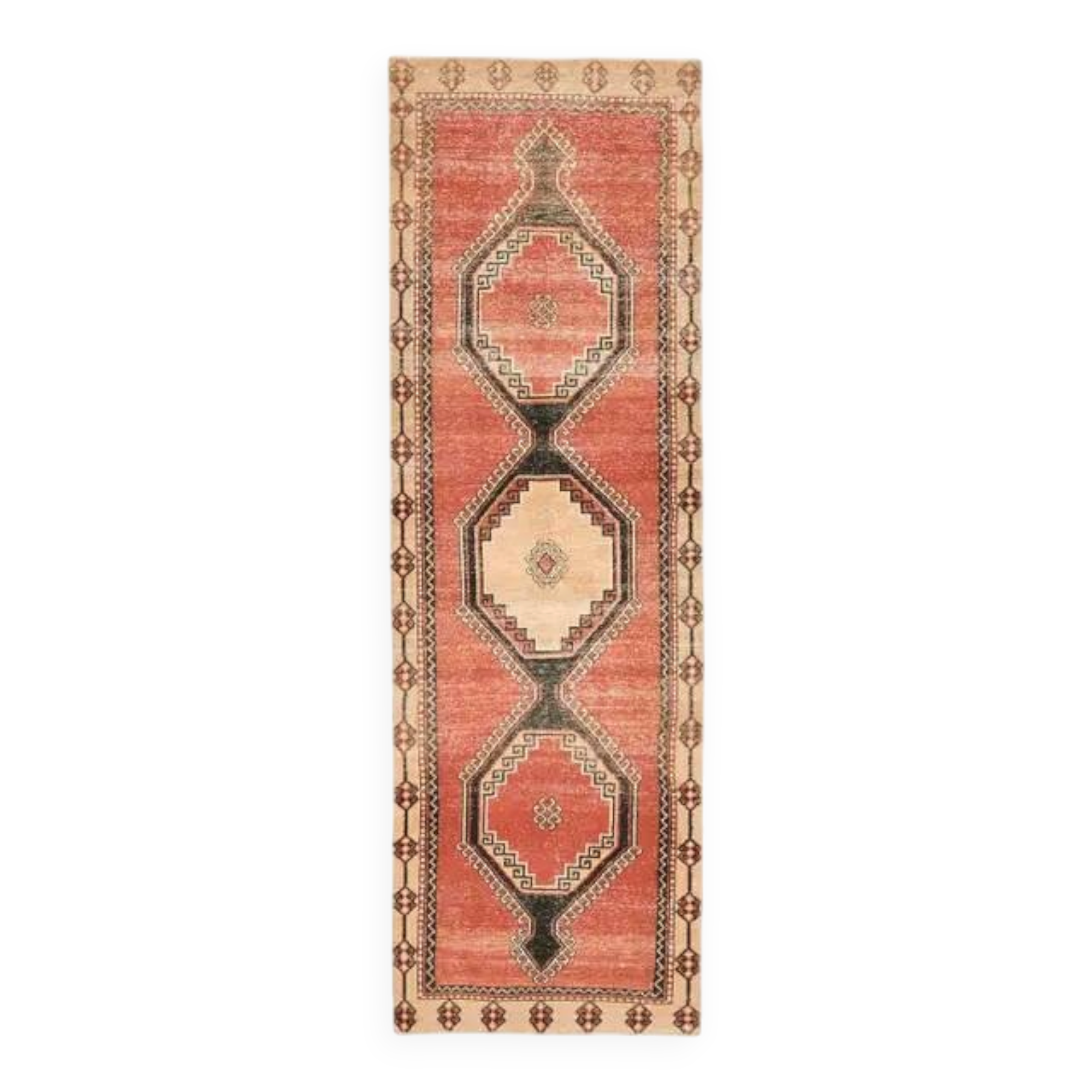 1970s Vintage Turkish Oushak Handmade Wool Cotton Red Runner Rug 116x267