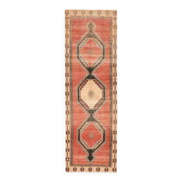 1970s Vintage Turkish Oushak Handmade Wool Cotton Red Runner Rug 116x267
