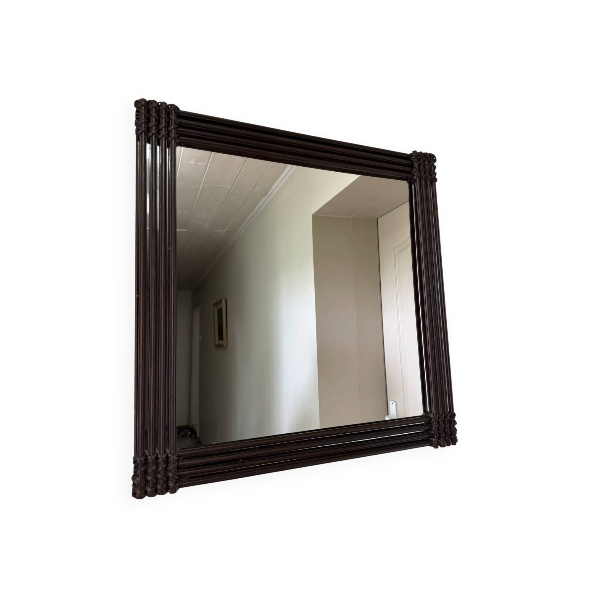 Mid Century Modern Large Squared Vintage Wicker Mirror