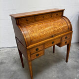 Cylinder desk with marquetry featuring a crosshatch design.