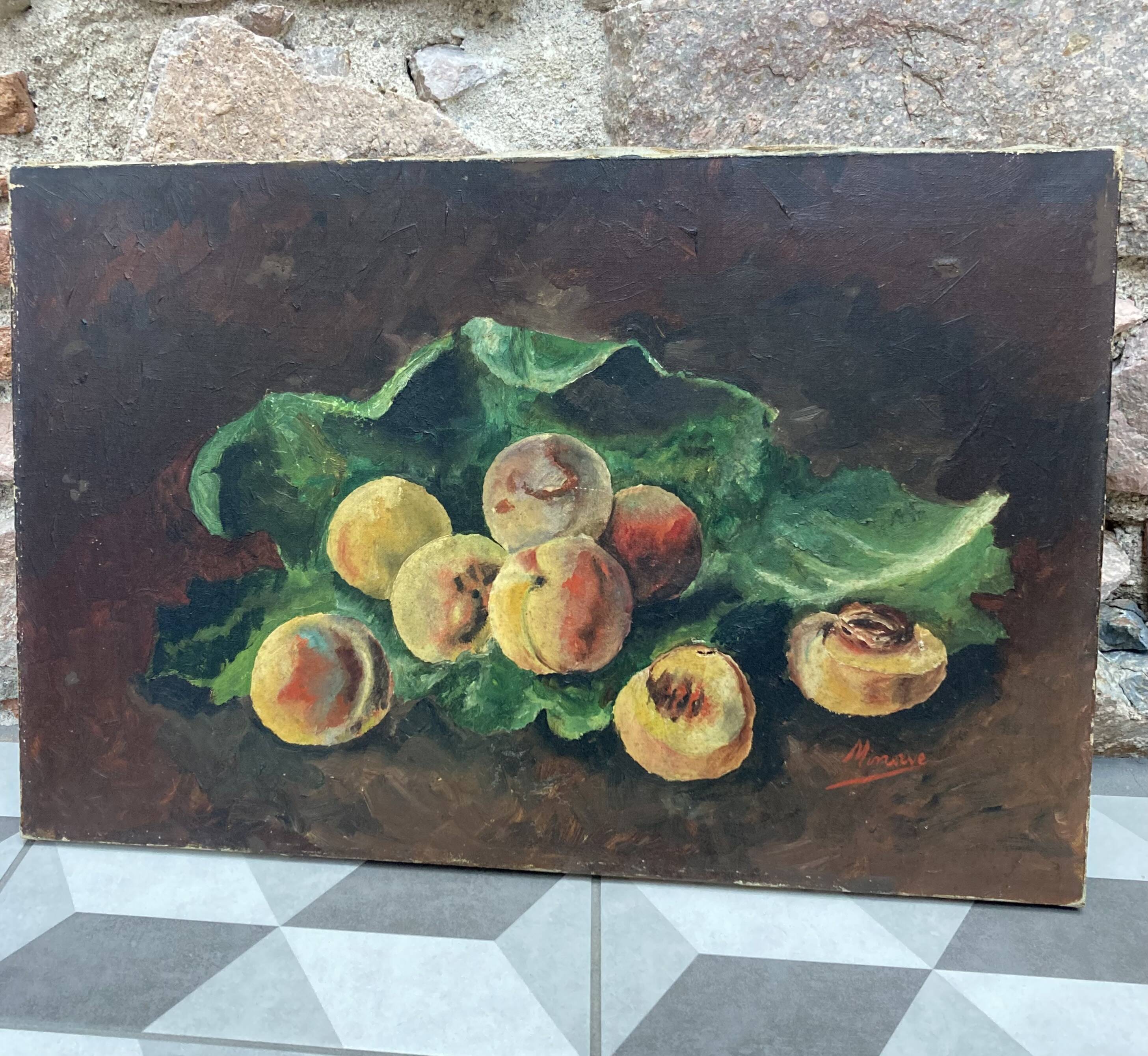 Nature morte "Pêches" huile sur toile ancienne