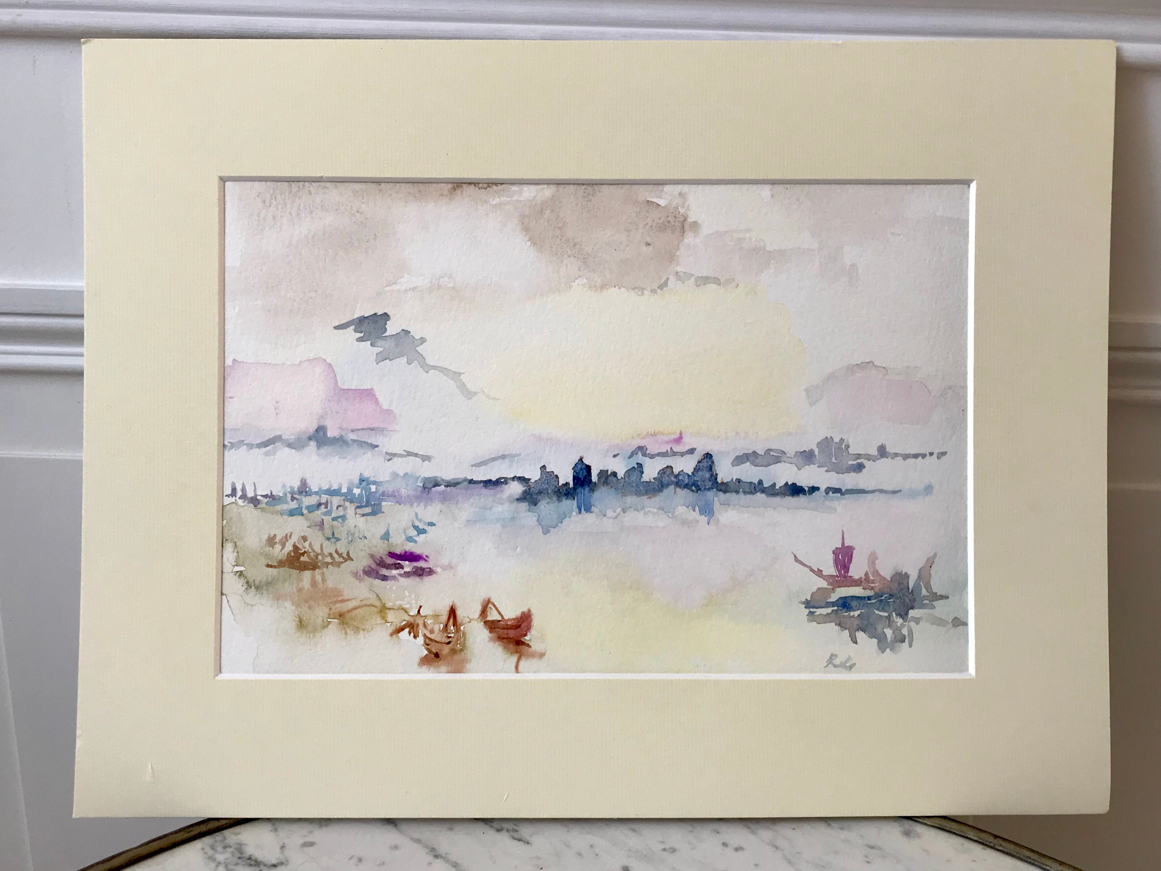 Watercolor sunset sea signed Roseline Lombard