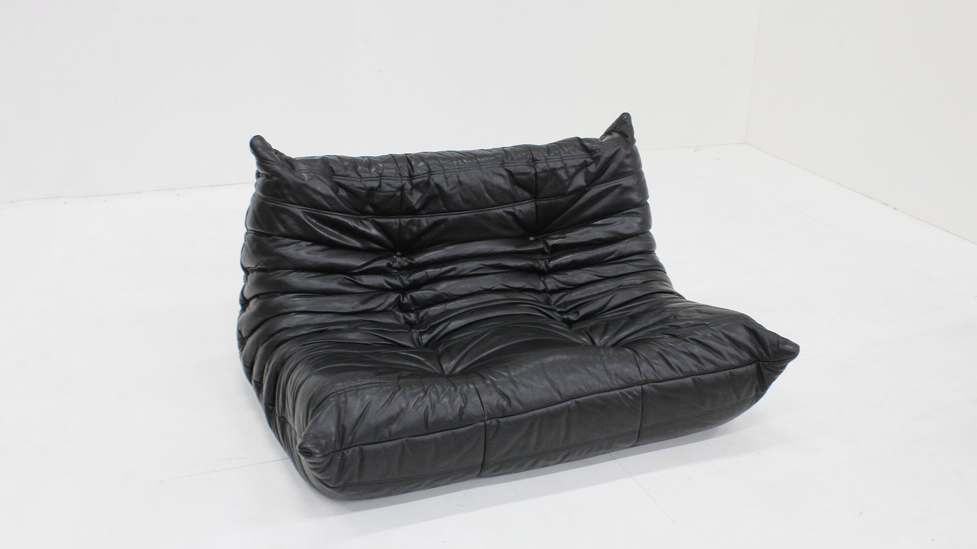 Vintage Togo Ligne Roset 2 seater sofa black leather by Michel Ducaroy 1990s