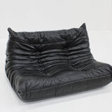 Vintage Togo Ligne Roset 2 seater sofa black leather by Michel Ducaroy 1990s