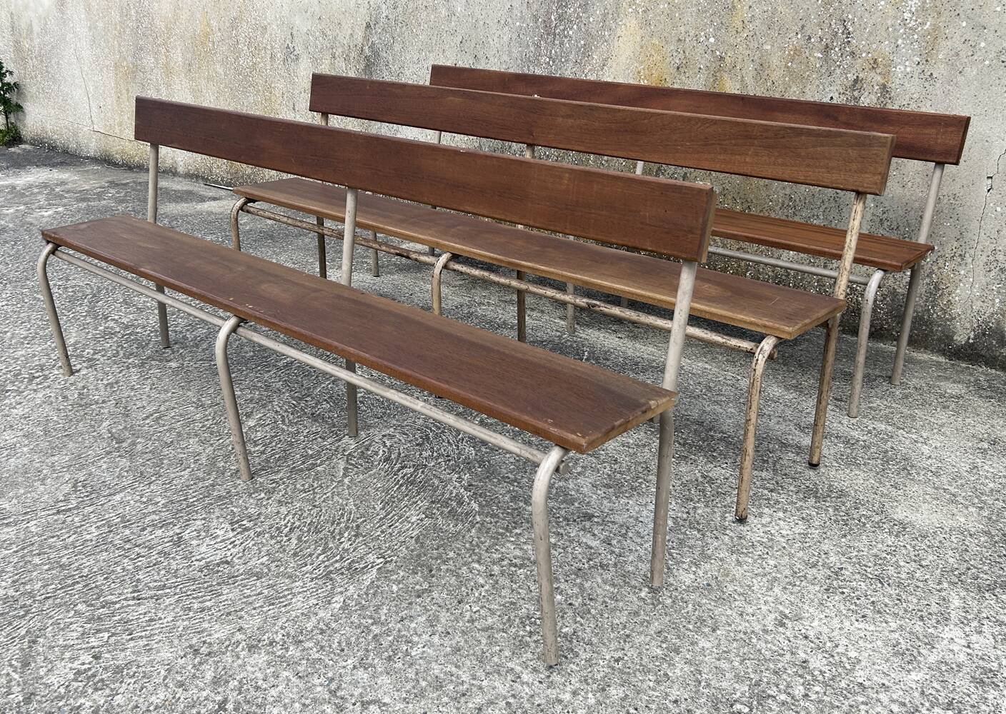Three tubular and solid wood benches, boarding school, vintage, 1950s