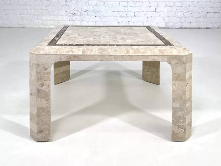 Square coffee table from the 70s - 80s in stone and brass marquetry