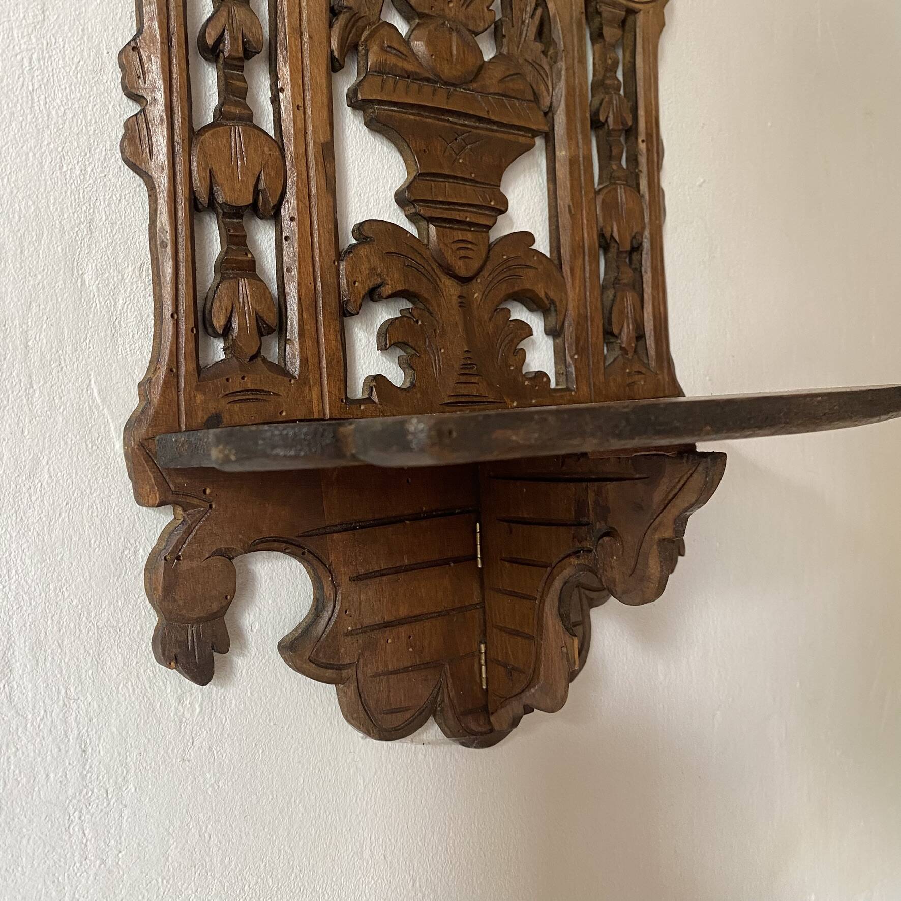 antique foldable wall shelf with openwork wood
