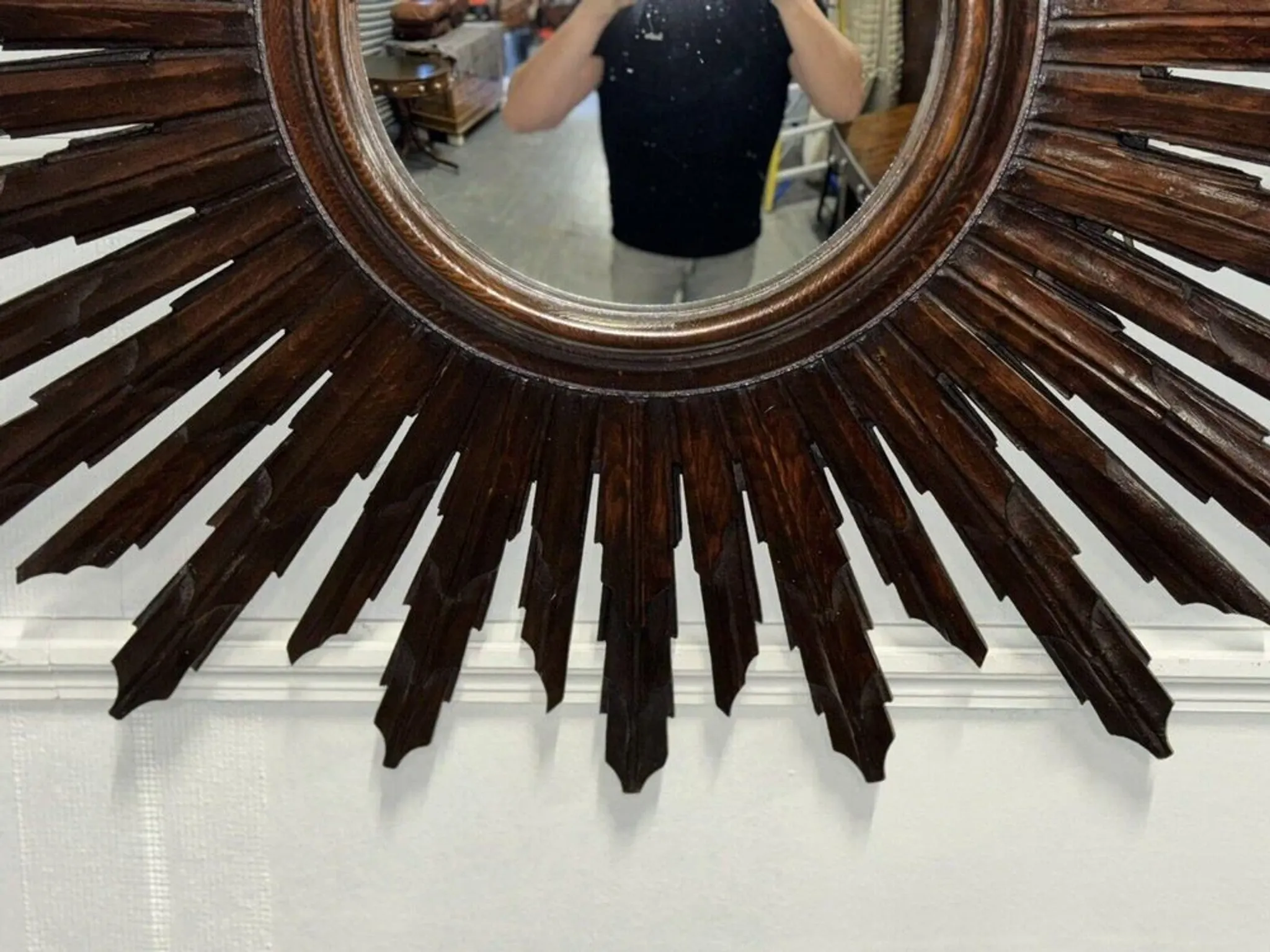 Vintage Brown Wood Convex Wall Mirror Sunburst, Spain, 1940
